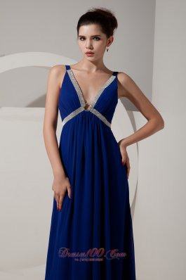 Peacock Blue V-neck Prom Dress Empire Chiffon Beading