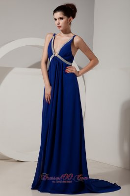 Peacock Blue V-neck Prom Dress Empire Chiffon Beading