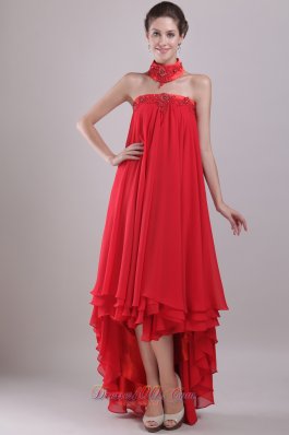 Red Strapless High-low Chiffon Embroidery Prom Dress