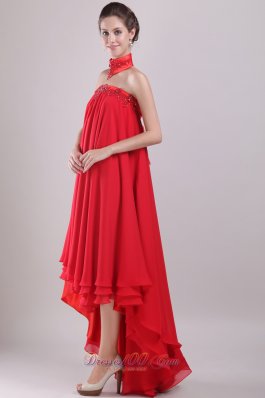 Red Strapless High-low Chiffon Embroidery Prom Dress