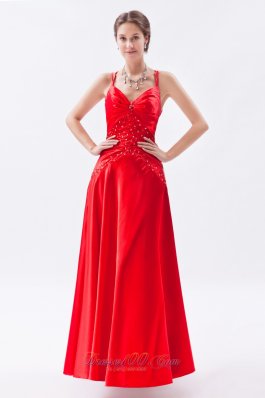 Red Column Sheath Spaghetti Straps Prom Dress Taffeta