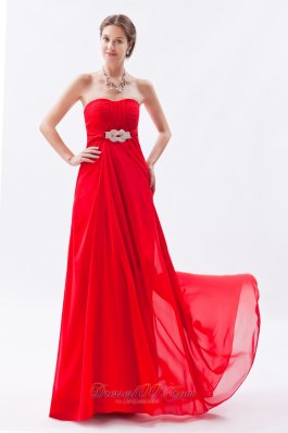 Red Empire Strapless Prom Dress Chiffon Beading