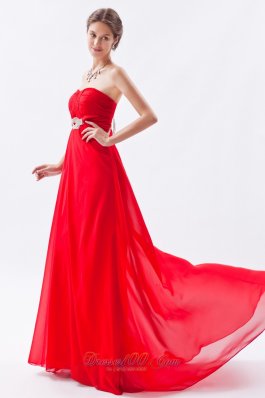 Red Empire Strapless Prom Dress Chiffon Beading