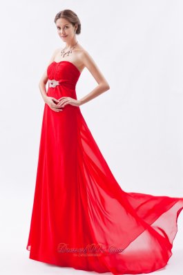 Red Empire Strapless Prom Dress Chiffon Beading