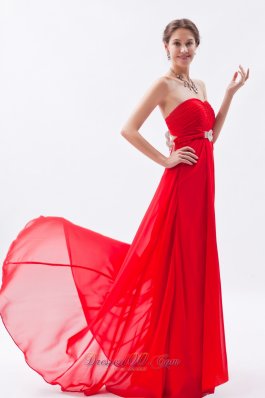 Red Empire Strapless Prom Dress Chiffon Beading