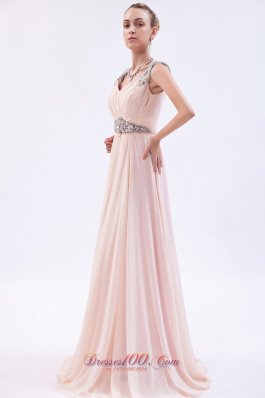 Pink Empire Straps Prom Dress Chiffon Beading Brush