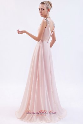 Pink Empire Straps Prom Dress Chiffon Beading Brush