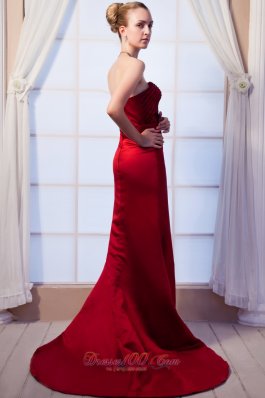 Wine Red Column Strapless Prom Dress Satin Beading