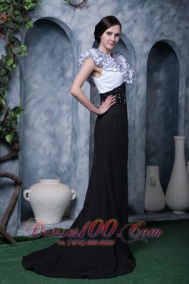 White Black Column Evening Dress V-neck Chiffon Beading