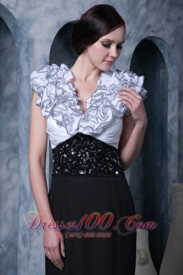 White Black Column Evening Dress V-neck Chiffon Beading