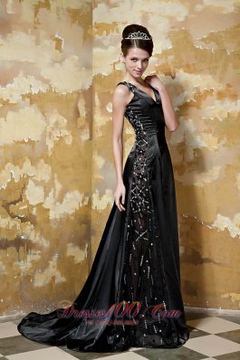 Black Column Brush Train Taffeta Sequins Prom Dress