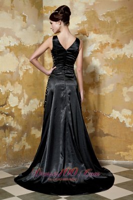 Black Column Brush Train Taffeta Sequins Prom Dress