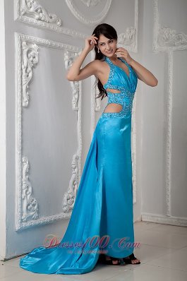 Teal Empire Halter Evening Dress Elastic Woven Satin