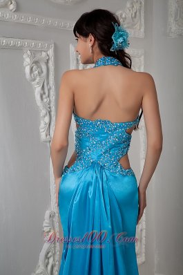 Teal Empire Halter Evening Dress Elastic Woven Satin