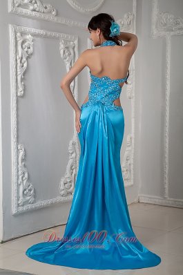 Teal Empire Halter Evening Dress Elastic Woven Satin