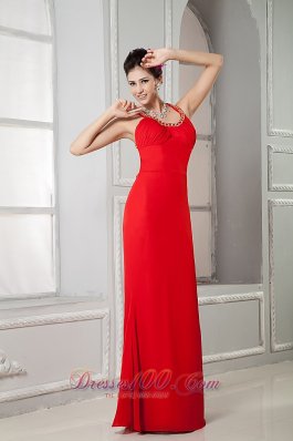 Custom Red Prom Evening Dress Column Scoop Chiffon Beading