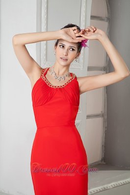 Custom Red Prom Evening Dress Column Scoop Chiffon Beading