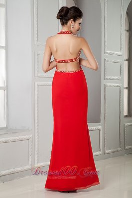 Custom Red Prom Evening Dress Column Scoop Chiffon Beading