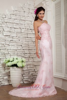 Pink Prom Dress Evening Column Sweetheart Beading Brush Train