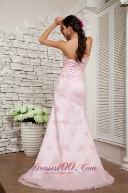 Pink Prom Dress Evening Column Sweetheart Beading Brush Train