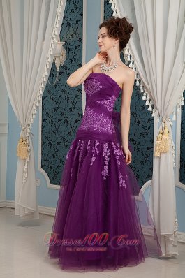 Purple Prom Dress Column Strapless Embroidery Tulle