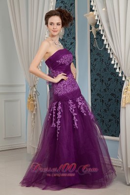 Purple Prom Dress Column Strapless Embroidery Tulle