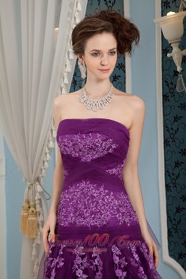 Purple Prom Dress Column Strapless Embroidery Tulle