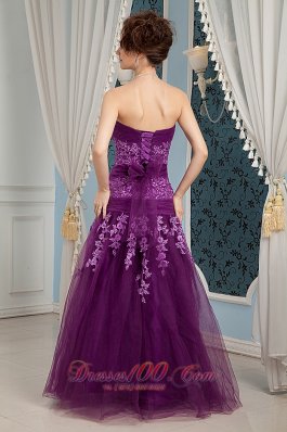 Purple Prom Dress Column Strapless Embroidery Tulle