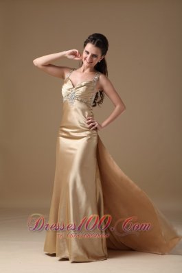 Champagne Column Straps Taffeta Beading Prom Dress