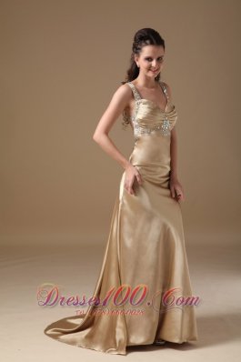 Champagne Column Straps Taffeta Beading Prom Dress