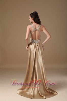 Champagne Column Straps Taffeta Beading Prom Dress