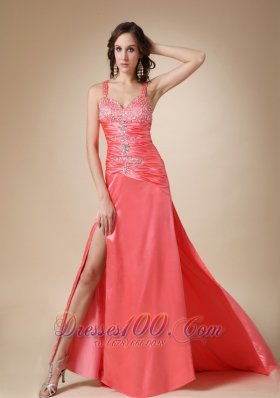 Watermelon Column Straps Brush Train Elastic Prom Evening Dress