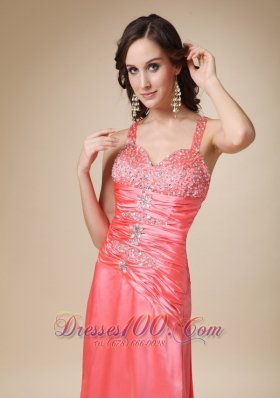 Watermelon Column Straps Brush Train Elastic Prom Evening Dress