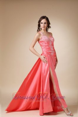 Watermelon Column Straps Brush Train Elastic Prom Evening Dress