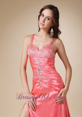 Watermelon Column Straps Brush Train Elastic Prom Evening Dress