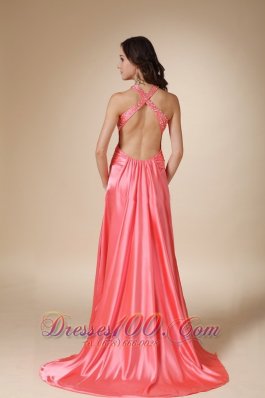 Watermelon Column Straps Brush Train Elastic Prom Evening Dress