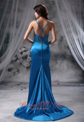 Mermaid Blue Beaded Straps Bust Brush Train Prom dress