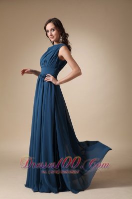 Navy Blue Empire Ruch Chiffon Prom Evening Dress