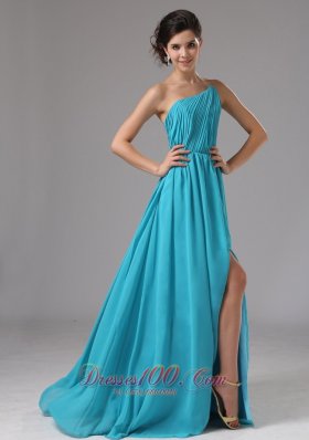 Strapless Chiffon Slit Aqua Blue Brush Prom Dress