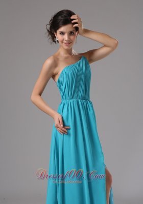 Strapless Chiffon Slit Aqua Blue Brush Prom Dress