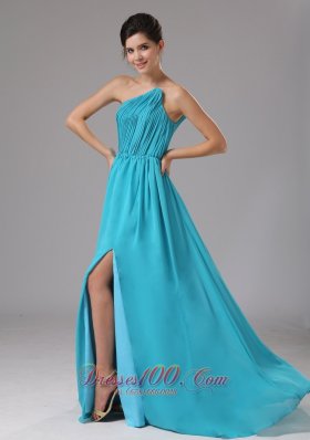 Strapless Chiffon Slit Aqua Blue Brush Prom Dress