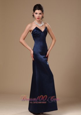 Navy Blue Satin Column V-neck Evening Prom Gowns Custom