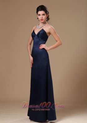 Navy Blue Satin Column V-neck Evening Prom Gowns Custom