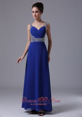 Beaded Decorate Shoulder Chiffon Royal Blue Prom Maxi Dress