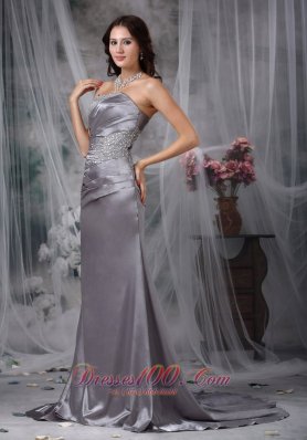 Grey Column Beading Elastic Wove Satin Prom Dress