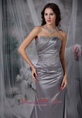 Grey Column Beading Elastic Wove Satin Prom Dress