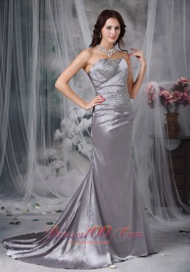 Grey Column Beading Elastic Wove Satin Prom Dress