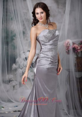 Grey Column Beading Elastic Wove Satin Prom Dress