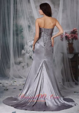 Grey Column Beading Elastic Wove Satin Prom Dress