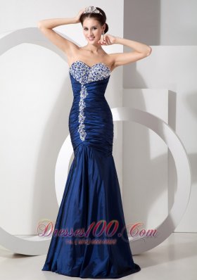 Formal Modern Navy Blue Mermaid Prom Pageant Dress with Ruch Beading